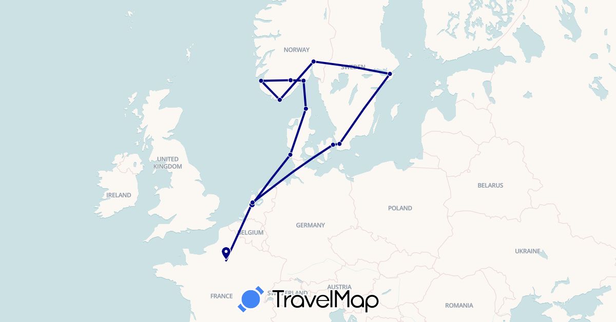 TravelMap itinerary: driving in Denmark, France, Netherlands, Norway, Sweden (Europe)
